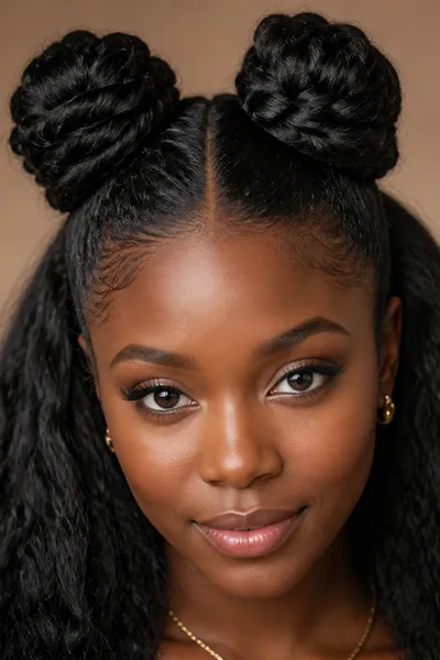 High twisted space bun duo — modern, sculptural prom updo with symmetric crown placement