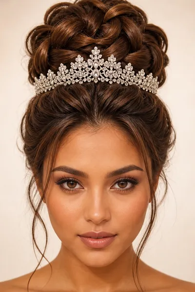 voluminous braided bun prom updo with tiara — dramatic princess hairstyle