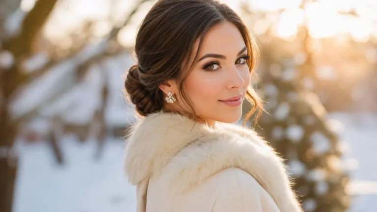 Elegant winter wedding hairstyle — bride with low chignon updo in cream coat with faux fur trim
