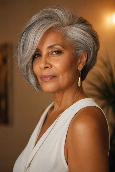 30 Flattering Hairstyles for Women Over 60 You Will Love 11 Asymmetrical bob for women over 60 — uneven gray cut with modern editorial style