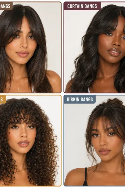 Bottleneck Bangs: The New Trend to Try This Year 7 bottleneck bangs vs curtain, bardot, and birkin bangs comparison collage