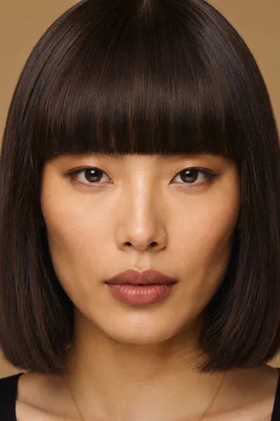 lob haircut with blunt bangs across the forehead