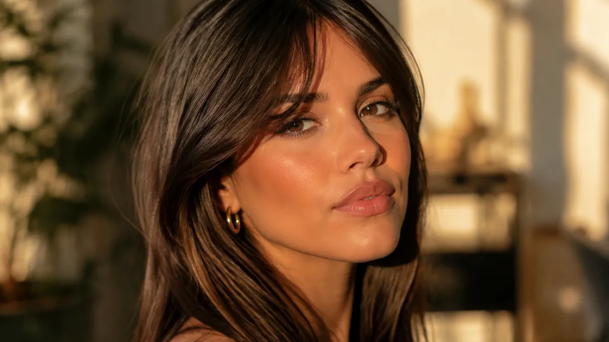 Bottleneck Bangs: The New Trend to Try This Year 2 bottleneck bangs styled in a face-framing shape, close-up editorial shot