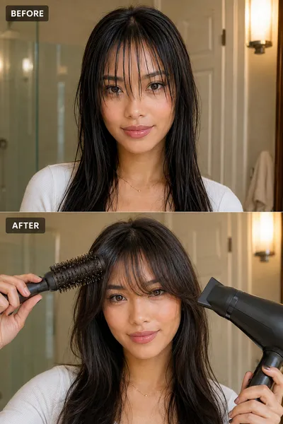 Bottleneck Bangs: The New Trend to Try This Year 9 styling bottleneck bangs at home with a round brush and blow dryer