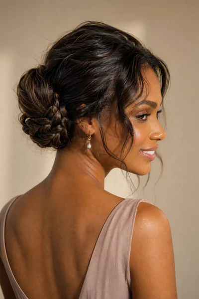 Single braid wrapped around the base of a low bun, textured and romantic