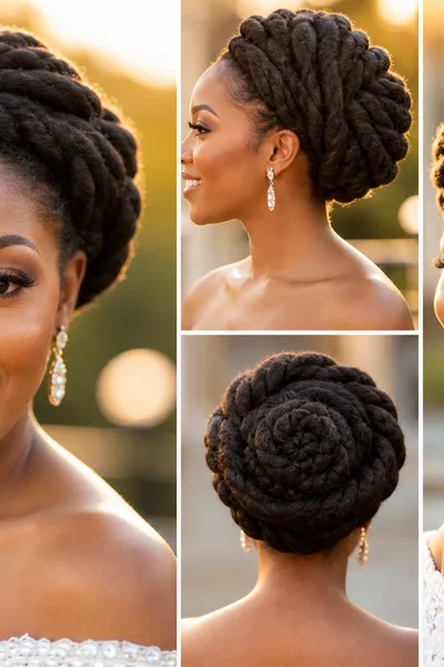 Braided crown loc updo for weddings and formal events, wrapped around head for elegant occasion