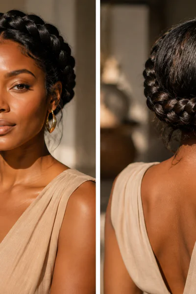 Woman with braided crown updo hairstyle in warm golden-hour light showing elegant texture