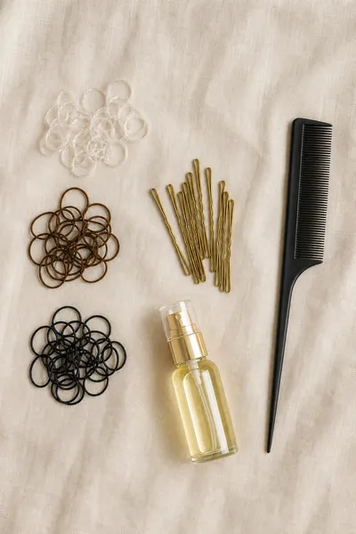 12 Bubble Bun Hairstyles That Are Trending This Year 17 Elastics and bobby pins used to secure a bubble bun hairstyle, flat-lay.