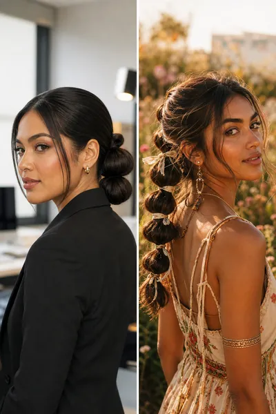 12 Bubble Bun Hairstyles That Are Trending This Year 16 Bubble bun hairstyle styled for work next to a festival version of the same technique.