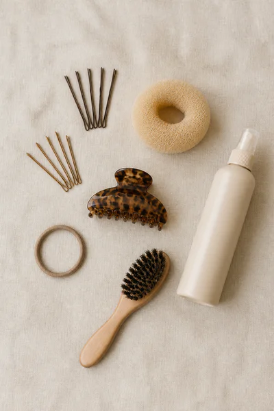 Flat-lay of essential bun styling tools: bobby pins, bun donut, claw clip, texturizing spray, and elastic
