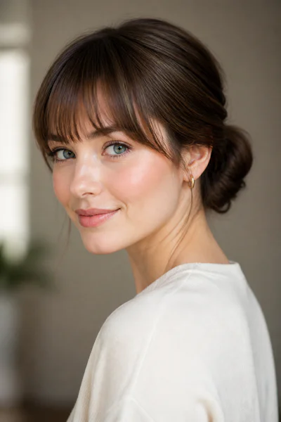 Low bun with fringe bangs left out and styled separately