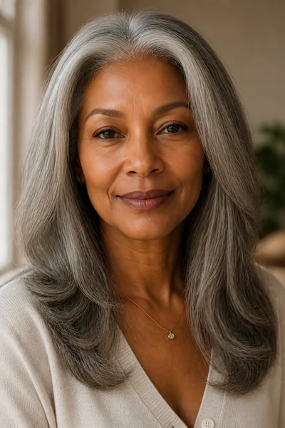 30 Flattering Hairstyles for Women Over 60 You Will Love 26 Center-part long layers for women over 60 — sleek gray long cut with subtle layering