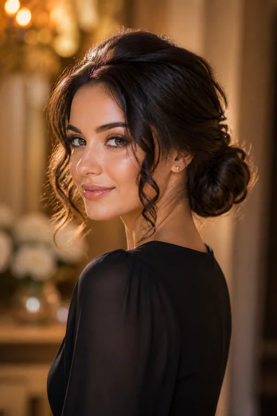Low chignon with curled face-framing pieces, romantic style for date nights