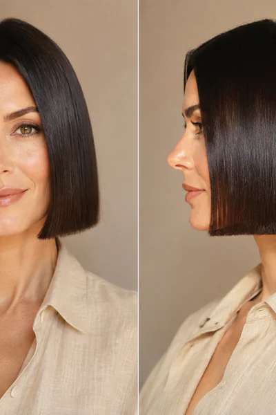 Woman with classic blunt bob at jaw length showing glossy, dense ends in studio light