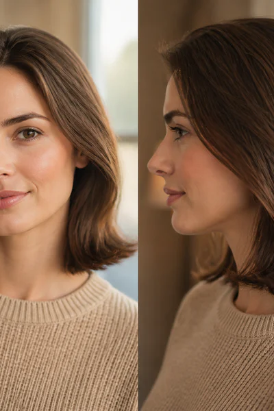 Woman with classic shoulder-length bob showing soft flip at ends in warm light