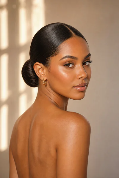 Woman with sleek low bun smoothed flat at the nape, ideal for professional settings