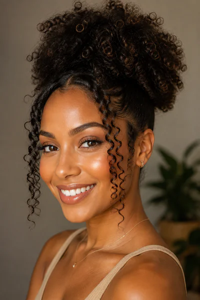 Curly high puff with face-framing curls, one of these homecoming hair ideas for curly and textured hair