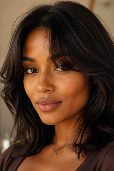 Woman with curtain bangs and face-framing layers in warm natural light