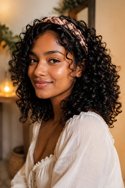 Defined curls with a braided headband, one of these homecoming hair ideas for curly and textured hair