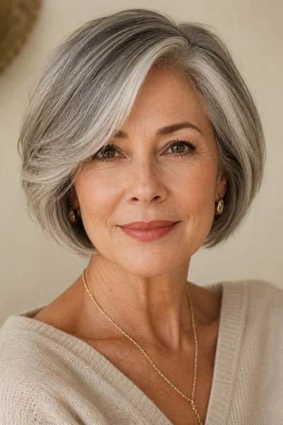 30 Flattering Hairstyles for Women Over 60 You Will Love 8 Ear-length bob with side bangs for women over 60 — gray cut with youthful side-swept fringe