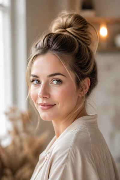 Effortless messy high bun pulled loosely at the crown