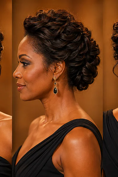 Woman with elegant twisted updo for formal event showing textured crown detail