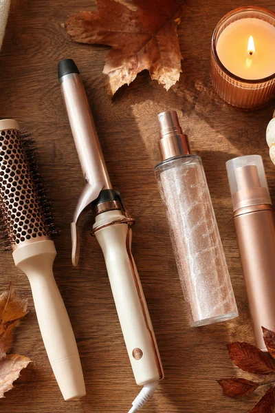 Fall Hairstyle Refresh Ideas for Women Over 40 3 Fall hair refresh styling tools and products flat lay