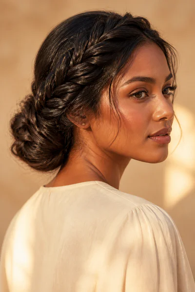 Fishtail braid wrapped into a low bun, intricate textured special-occasion style