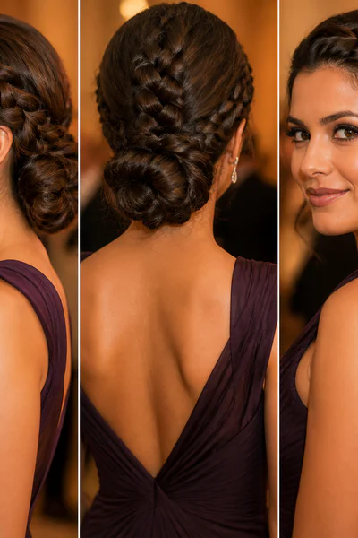 Woman with French braid updo for formal event showing braided texture in studio light