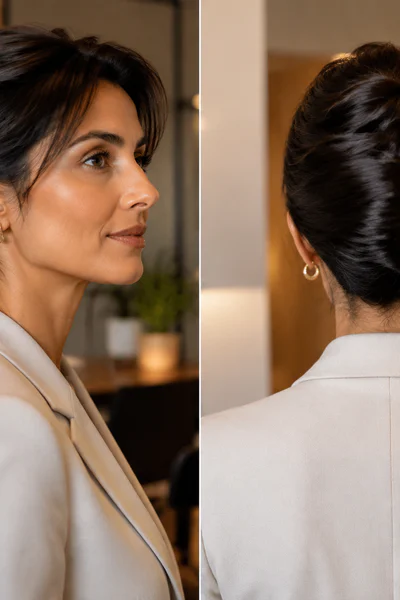 Woman with French twist updo hairstyle styled for office in warm professional lighting