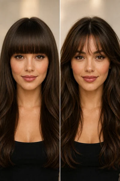 Heavy blunt fringe versus softened textured fringe on a heart-shaped face
