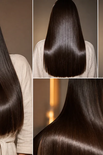 Woman with glass-hair straight hairstyle showing mirror-like shine in professional lighting