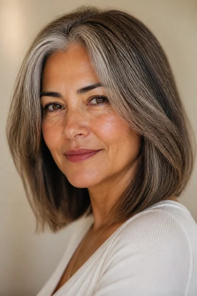 30 Flattering Hairstyles for Women Over 60 You Will Love 21 Gray blend shoulder-length cut for women over 60 — mid-transition style with softened color line