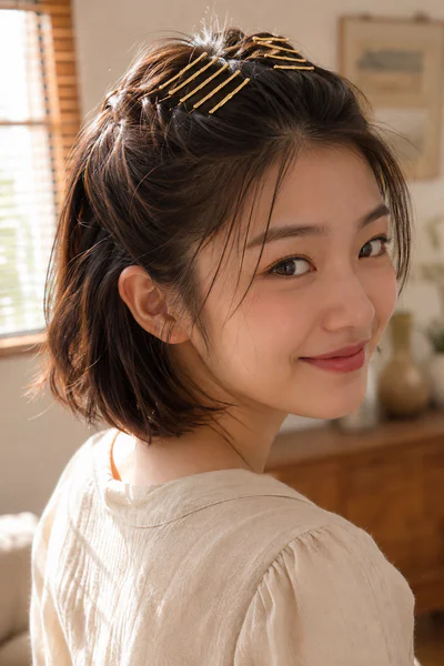 Half-up style with decorative bobby pin details, one of these homecoming hair ideas for short hair