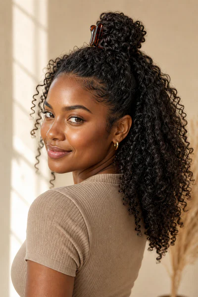 Half-up bun with loose curls left down, protecting curl pattern for natural hair