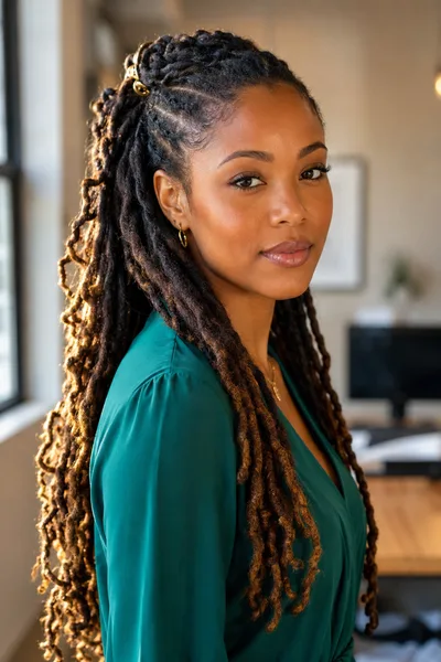 Half-up half-down loc hairstyle, face-framing locs styling for work and daily wear