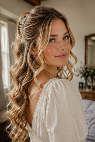 Half-up half-down with soft curls, one of these homecoming hair ideas for long hair