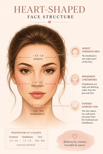 Diagram showing heart-shaped face proportions with labeled forehead, cheekbones, and chin width