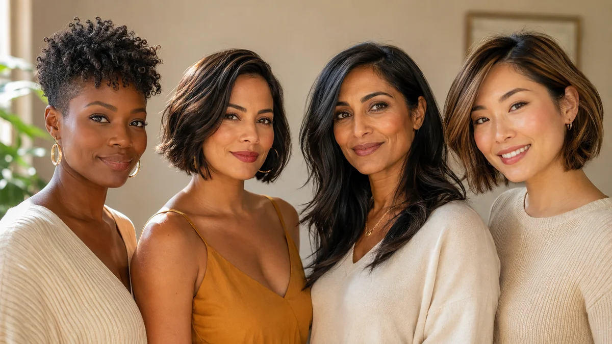 Three diverse women with flattering hairstyles for heart-shaped faces including textured pixie, chin-length bob, and long layers