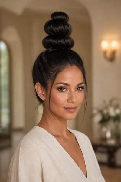 12 Bubble Bun Hairstyles That Are Trending This Year 3 High bubble bun hairstyle at crown, oval-face flattering updo style.