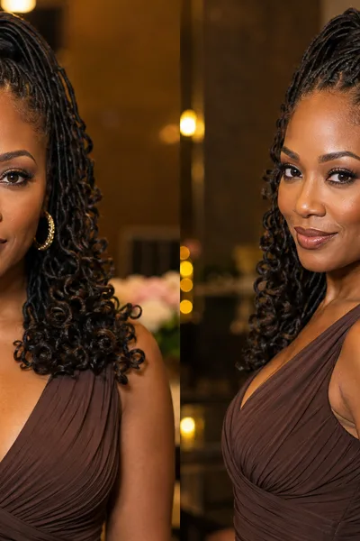 High ponytail with curled ends loc hairstyle, elevated romantic style for date night