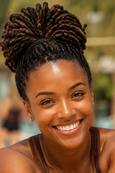 High puff loc hairstyle, practical protective style for hot weather and active vacation