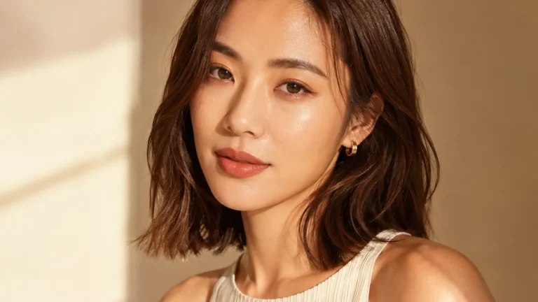 hero image — beautiful woman with a classic modern lob haircut in natural golden-hour light