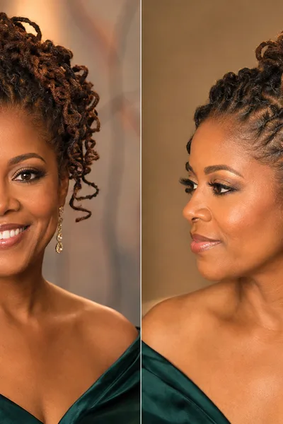 Loc updo with curly ends, glamorous hairstyle for formal events and celebrations