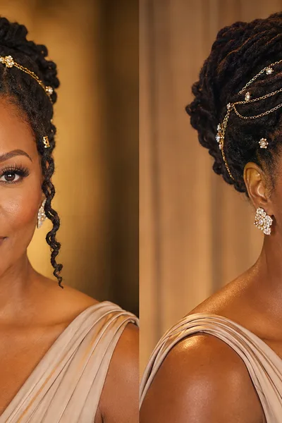 Loc updo with jewelry accents and gold chains, sophisticated decorated updo for formal events