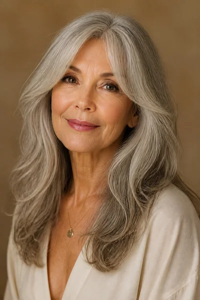 30 Flattering Hairstyles for Women Over 60 You Will Love 27 Long hair with curtain bangs for women over 60 — gray long style with center-parted fringe