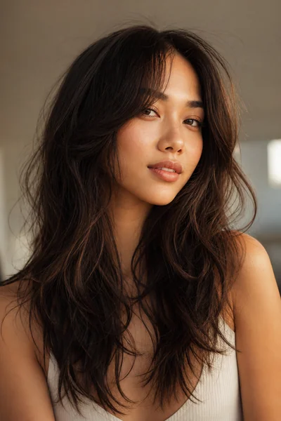 Long Curtain-Layered Shag haircut flattering a heart-shaped face