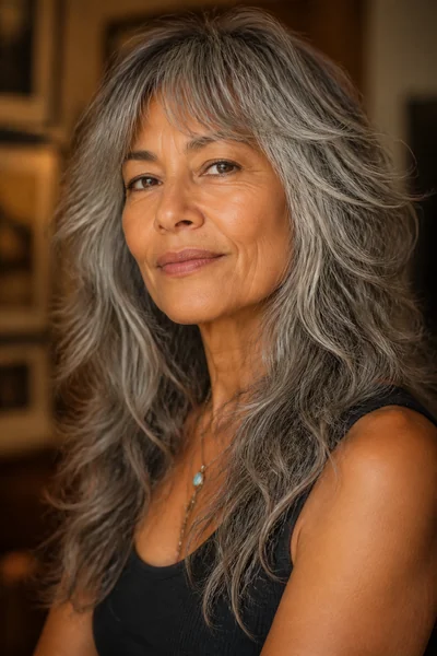 30 Flattering Hairstyles for Women Over 60 You Will Love 25 Long shag for women over 60 with bangs — gray textured long style with curtain fringe and layers