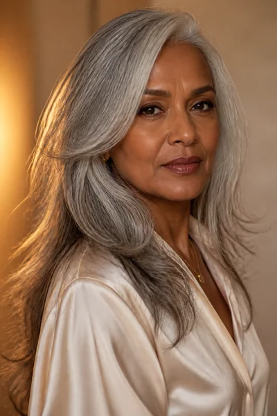 30 Flattering Hairstyles for Women Over 60 You Will Love 29 Long silver hair with layers for women over 60 — fully gray glossed long cut with dimension and shine