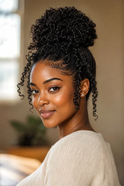 Loose low-tension bun with curls defined, protective style for curly hair